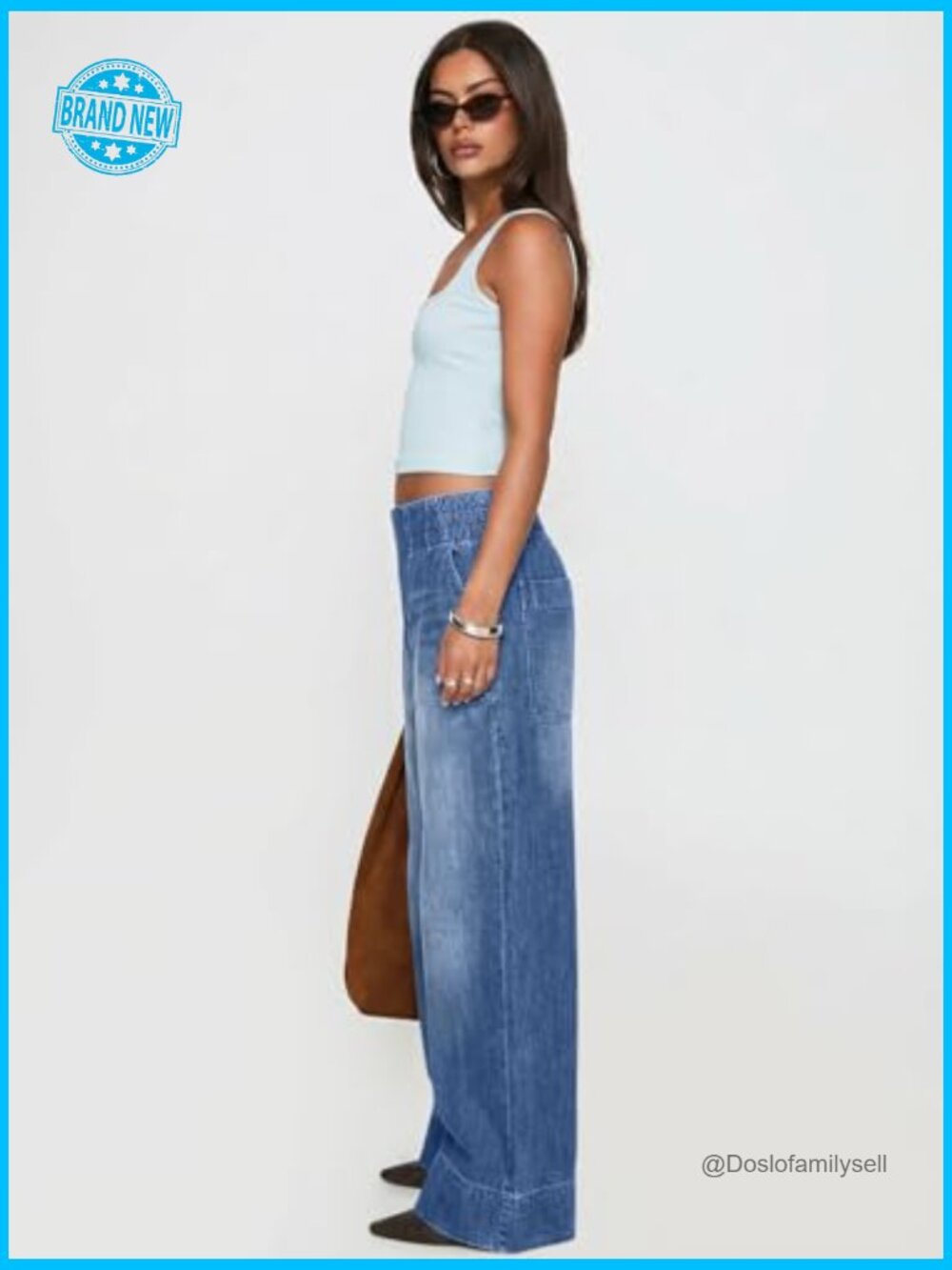 Wide Leg Jeans Soft Baggy Low Rise Elastic Waist Pull On Denim Pants Y2K - Picture 5 of 7